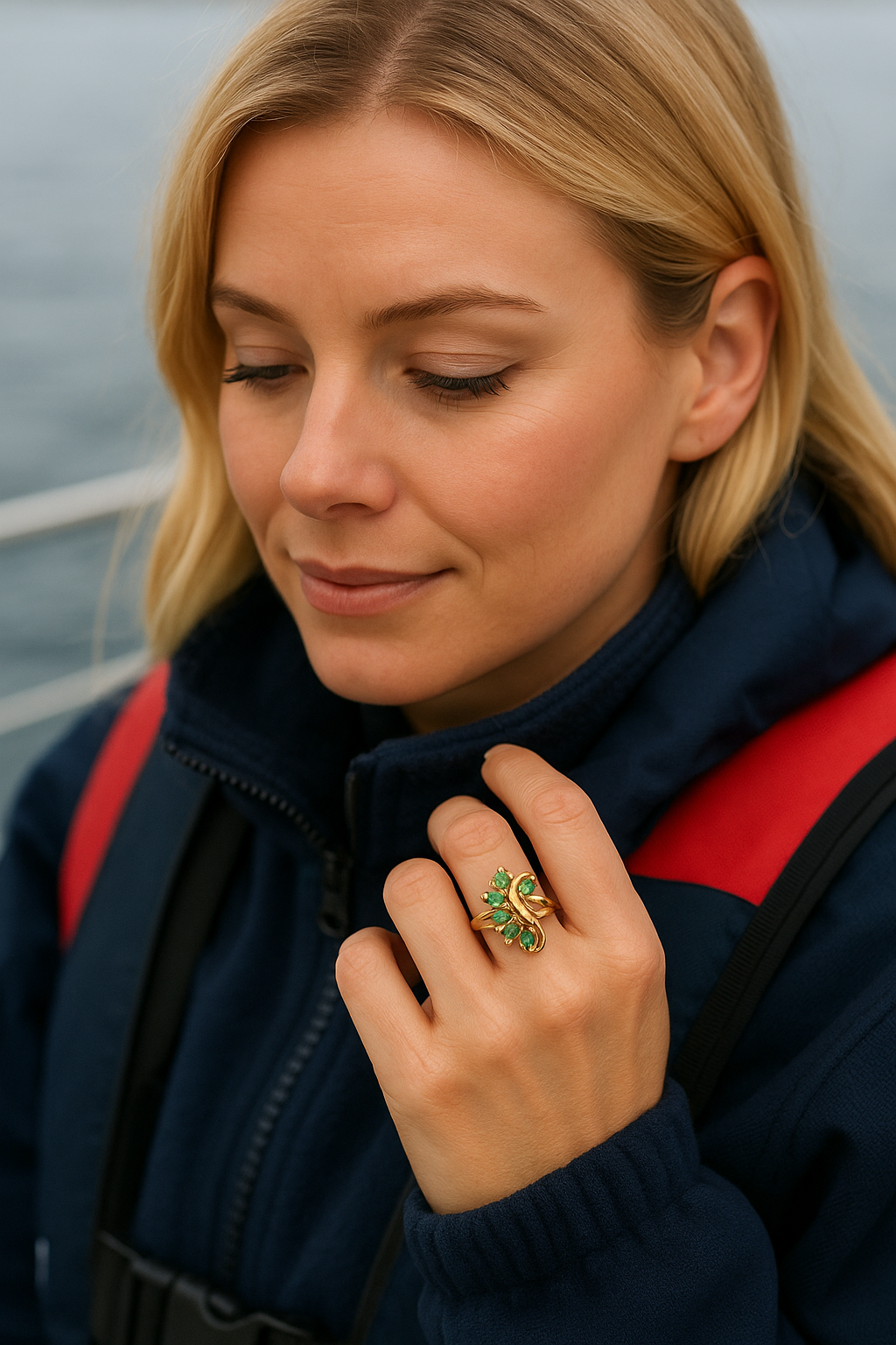 Woman wearing a dark blue jacket with a red life vest, wearing an elegant emerald ring.